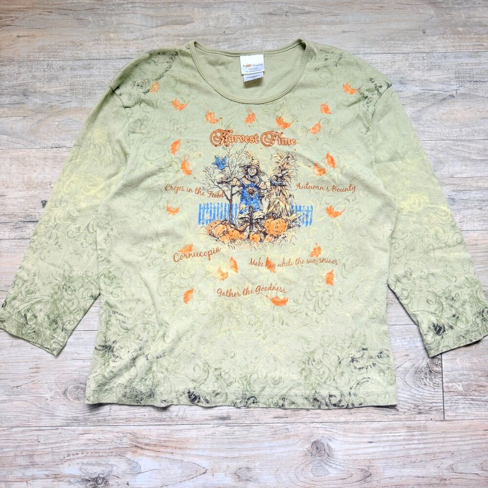 My Halloween Harvest Time Fall Shirt Size 2X Green Pumpkin Scarecrow Autumn Top